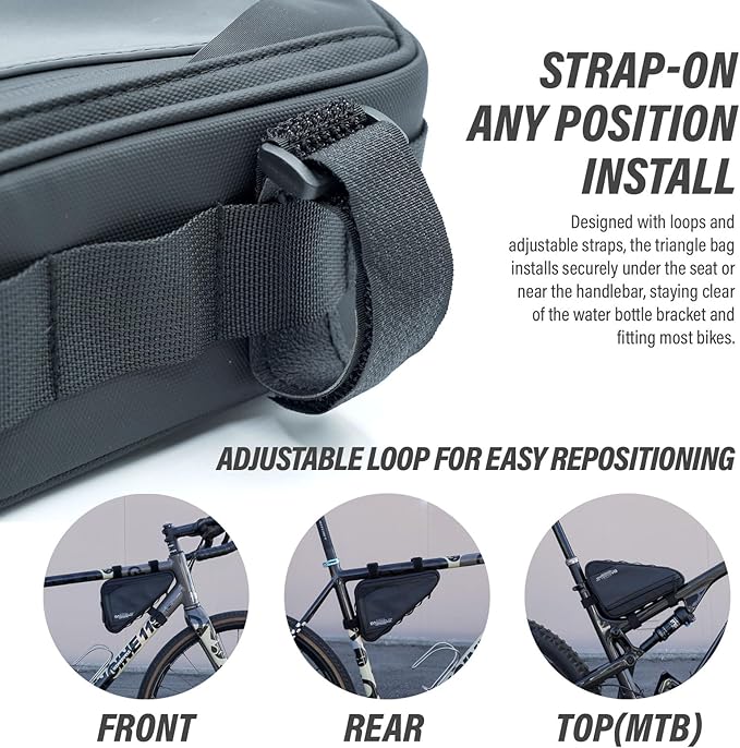 Bike Frame Bag with Two Side Pockets Waterproof Reflective Bicycle Triangle Pouch Storage Bag Strap-On, Mountain Road Bike MTB Cycling Bike Acessories, 1.5L