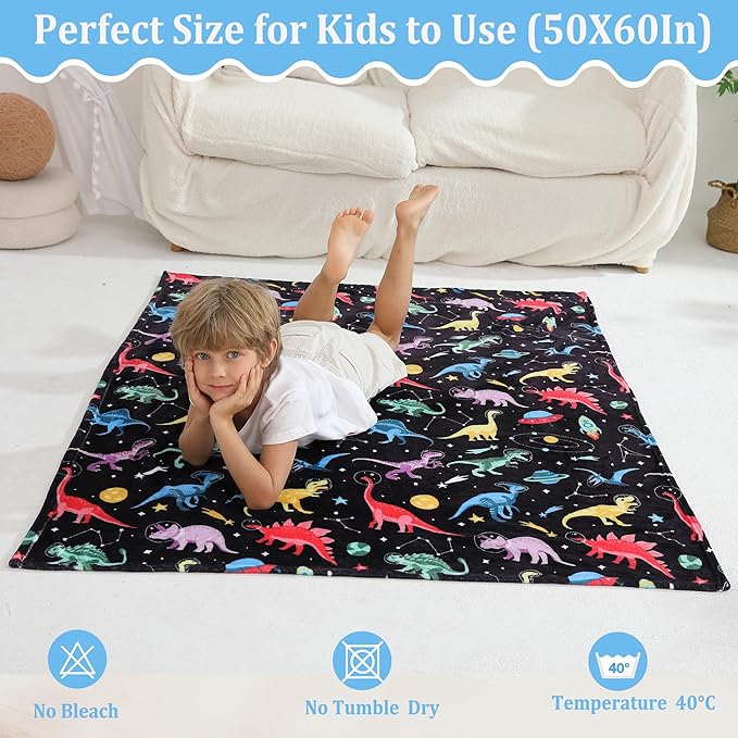 Softan Kids Throw Blanket for Girls & Boys, Warm Soft Toddler Fleece Blankets for Sofa Couch Bed， Cozy Fuzzy Plush Flannel Kids Throw Blanket for Daycare & School - Space Dinosaur 50x60 inches