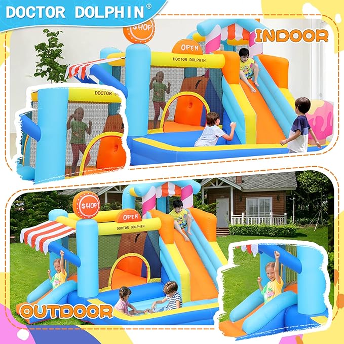 Doctor Dolphin Inflatable Bounce House for Kids Fun, Double Slide Jumping Inflatable Bouncer Blow Up Toddler Bouncy House for Kids 2-12 with Blower Use for Indoor&Outdoor