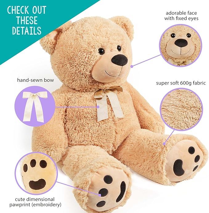 LotFancy 3 Feet Giant Teddy Bear Stuffed Animal, 39 inch Large Bear Plush Toy with Footprints for Birthday, Anniversary, for Her, Women, Girlfriend, Wife