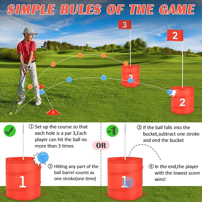 deAO Portable Golf Game Set, 6 Holes with Balls and Flag, Family Golf Gifts for Outdoor Indoor, Red