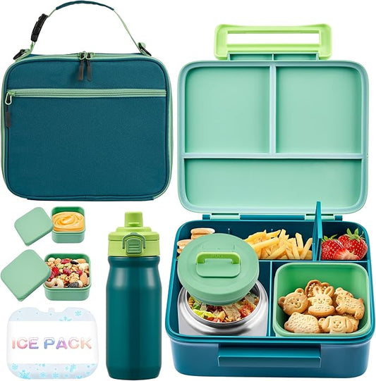 Bento Lunch Box for Kids with Thermos, Leakproof Bento Box with 8oz Insulated Food Jar, Insulated Bottle, Lunch Bag, BPA Free Dishwasher Safe 4 Compartment Container for School Girls Boys (Green)