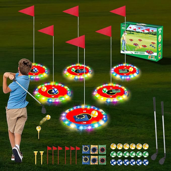 Light Up Golf Play Set - Upgraded Backyard Golf Chipping Game with 6 LED Targets, 2 Clubs, 18 Balls, 6 Bean Bags, Night Golf Toys Gifts for Kids Golfers Family Indoor Outdoor Beach Lawn Park