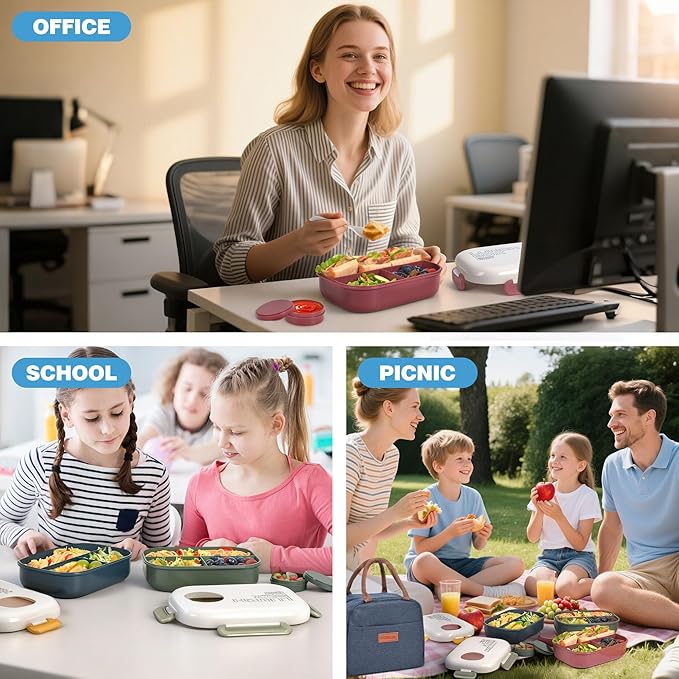 Lunch Bento Box Set - 3 Compartment Containers for Kids and Adults,lunch box for women with Thermo Lunch Bag, Leak-Proof and BPA-Free - Built-in Utensil Set,Sauce - Dishwasher Safe-Blue