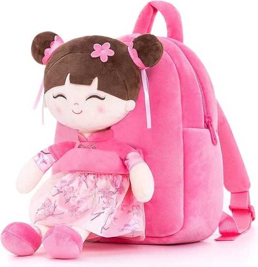 Gloveleya Back to School Gifts for Girls Kids Backpack Toddler Backpack Soft Plush Asian Girl Doll Backpacks Pink 9"