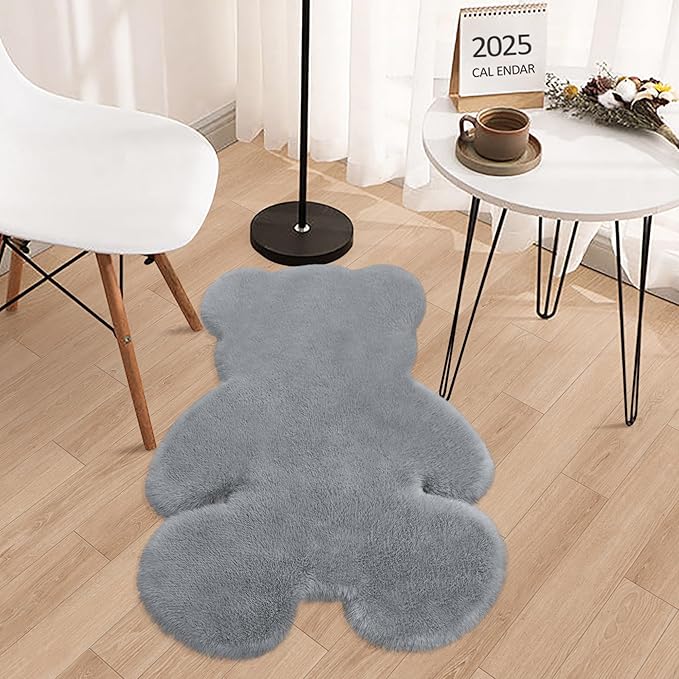 2.5x3.4 ft Grey Small Bear Soft Fluffy Rug, Shag Faux Sheepskin Fur Rug Fuzzy Shaggy Area Rug Cute Plush Carpet for Nursery Kids Girls Bedroom Room Aesthetic Living Room Floor Home Decor, Grey
