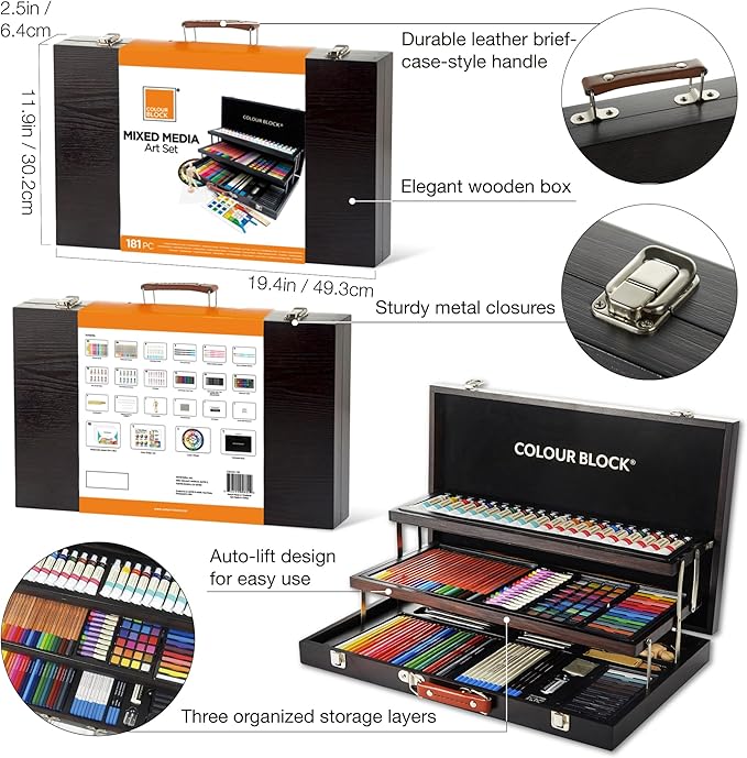 COLOUR BLOCK 181 pc Mixed Media Art Set in Exquisite Wooden Case - Acrylic & Water color Paints, Sketching, Colored Pencils, Soft & Oil Pastels