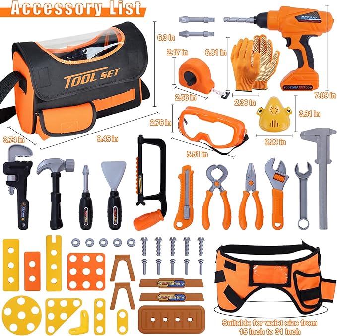 Kids Tool Set,MAGIC4U 52PCS Toddler Tool Set with Electric Drill Toy & Kids Tape Measure, Pretend Play Construction Toys Costume with Tool Belt for Boy Girls Age 3-8