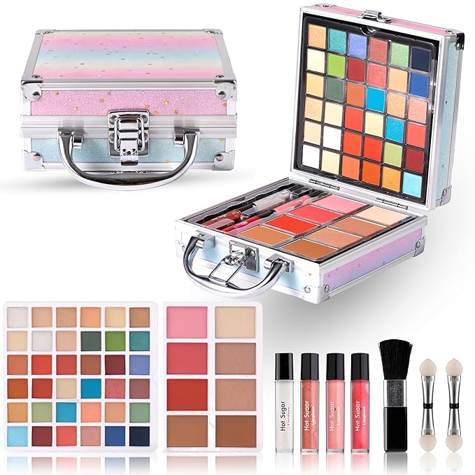 Hot Sugar Girls Makeup Kit Age 4-6 7-8 10-12, Little Girl Makeup Set, Makeup Kit for Teenagers 13-15 Includes Eyeshadow Lip Gloss Blush Highlighter Bronzer Brush (Rainbow)