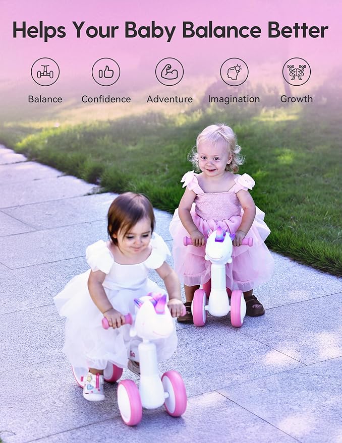 BABELIO Magic Rider Unicorn Balance Bike for 1-2 Year Old Girls Toy Gifts - 12-24 Months Toddler Balance Bike, Colorful Lighting Wheels, First Birthday Gifts for Girls, Pink