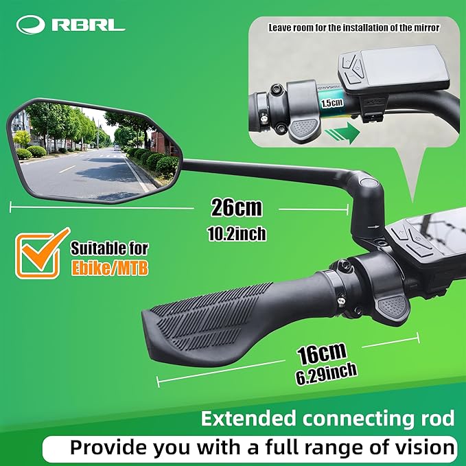 RBRL Bike Mirror, Aluminum Alloy Bike Mirror Handlebar Mount, Anti-shake & Break-proof, Foldable HD Real Glass Rotatable Ebike Accessories, Bike Rear View Mirror for Ebike Scooter (Set)