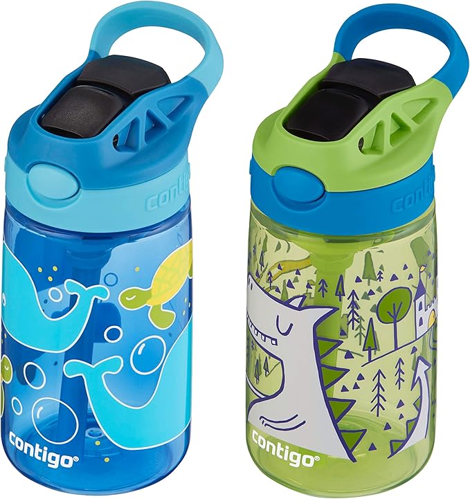 Contigo Aubrey Kids Water Bottle with Silicone Straw and Spill Proof Lid, 14oz, 2-Pack, Whales & Dragon, Blue & Green