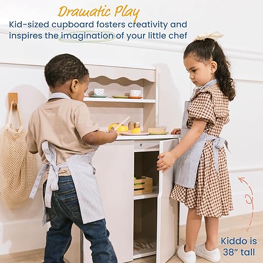 ECR4Kids Play Kitchen Storage Cupboard, Wooden Playset, White Wash