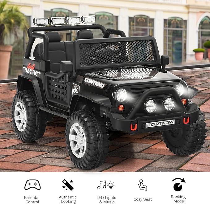 Costzon 2-Seater Ride on Truck, 12V Battery Powered Electric Vehicle w/Remote Control, 2 Speeds, Spring Suspension, LED Light, Horn, Music/ MP3, 2 Doors Open, Ride on Car for Kids (Black)