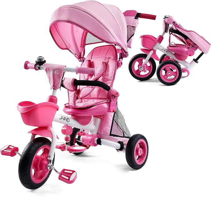 JMMD Baby Tricycle, 7-in-1 Folding Kids Trike with Adjustable Parent Handle, Safety Harness & Wheel Brakes, Removable Canopy, Storage, Stroller Bike Gift for Toddlers 18 Months - 5 Years(Pink)