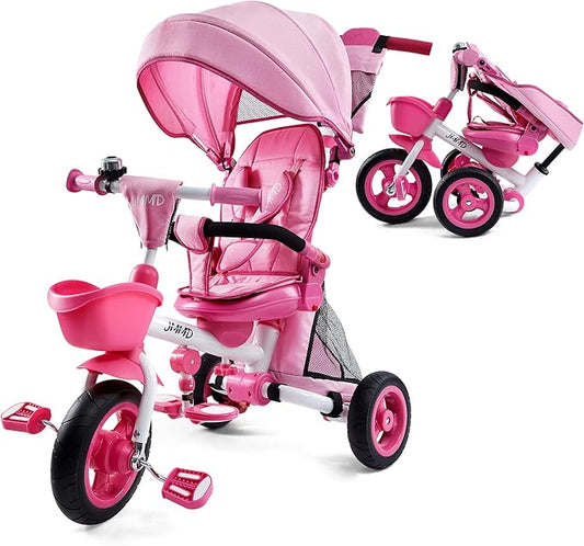 JMMD Baby Tricycle, 7-in-1 Folding Kids Trike with Adjustable Parent Handle, Safety Harness & Wheel Brakes, Removable Canopy, Storage, Stroller Bike Gift for Toddlers 18 Months - 5 Years(Pink)