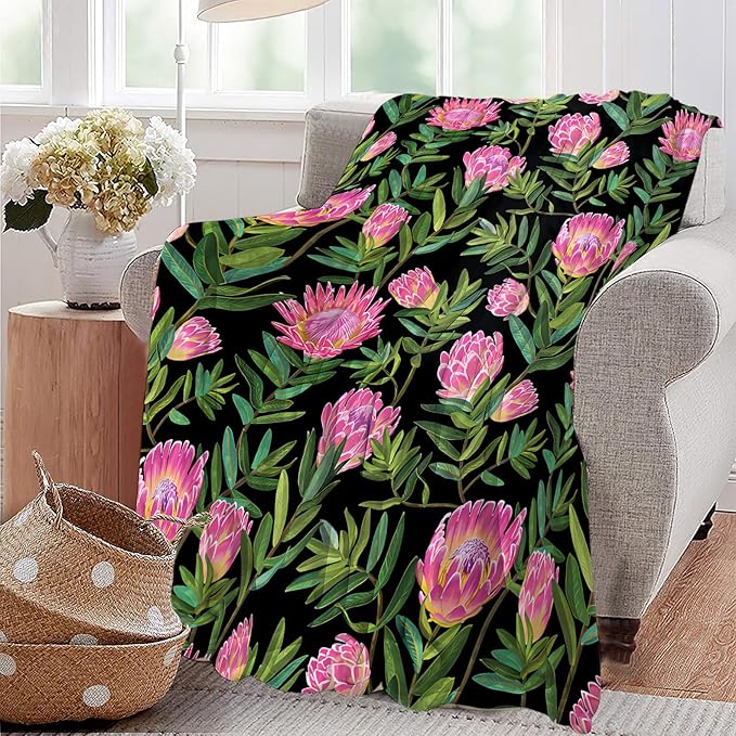 Protea Flower Blanket Ultra Soft Cozy Plush Farmhouse Floral Throw Blanket Wildflower Lovers Gifts for Girls Women Kids Adults Lightweight Flannel Comfy Blankets for Couch Sofa Bed 60"x50"