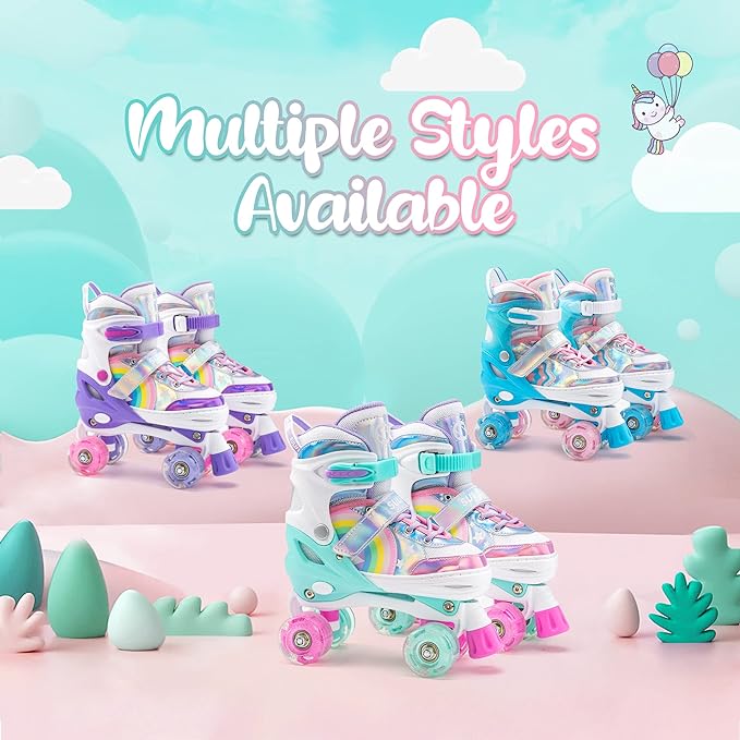 SULIFEEL Rainbow Unicorn 4 Size Adjustable Light up Roller Skates for Girls Boys for Kids