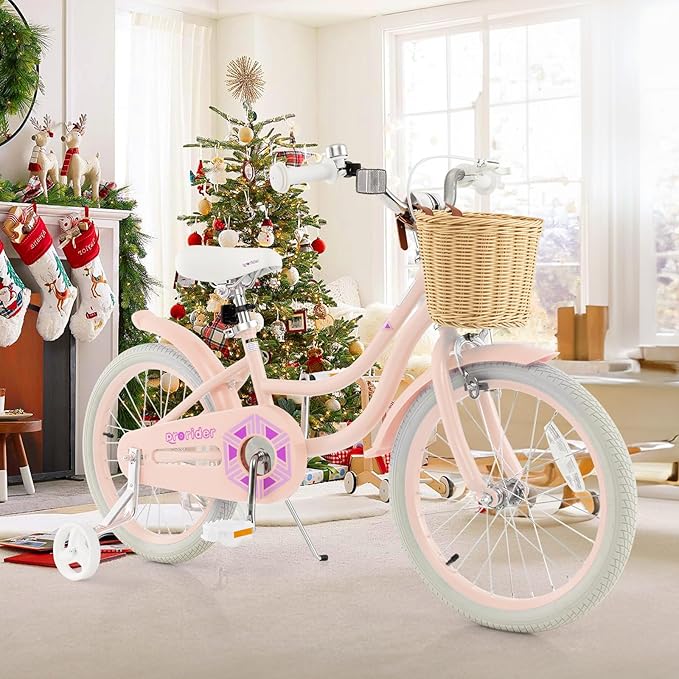 BABY JOY Kids Bike, 14 16 18 Inch Retro Kids Bicycles for 3-8 Years Old Children with Training Wheels, Adjustable Height, Rattan Basket, Handbrake & Coaster Brake, Boys Girls Bike (Pink, Green, Blue)
