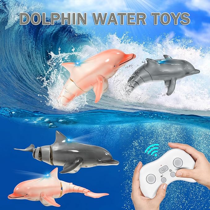 Remote Control Dolphin Shark, Water Pool Toys for Kids Ages 8-12, 2.4G High Simulation Oceanic Dolphins with Light, Swimming Bathroom Toys for 6+ Year Old Boys and Girls