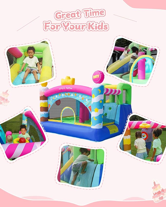 AirMyFun & AyoFree Bounce House, Bouncy House with Slide, Indoor Outdoor Inflatable Bounce House for Kids, Party Theme Bounce Castle with Large Jumping Area, Basketball Hoop