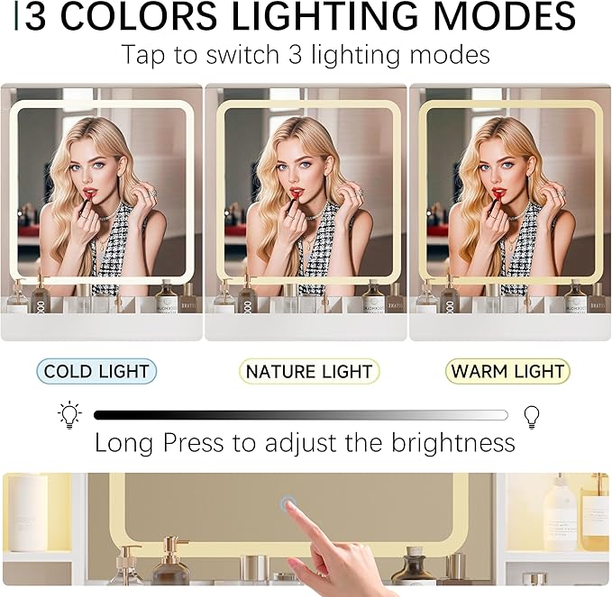 43'' Makeup Vanity with Mirror and Lights, White Vanity Desk with 7 Drawers & Charging Station, 3 Lighting Modes & Adjustable Brightness, Cushioned Stool, Dressing Table for Girls, Women, Teens