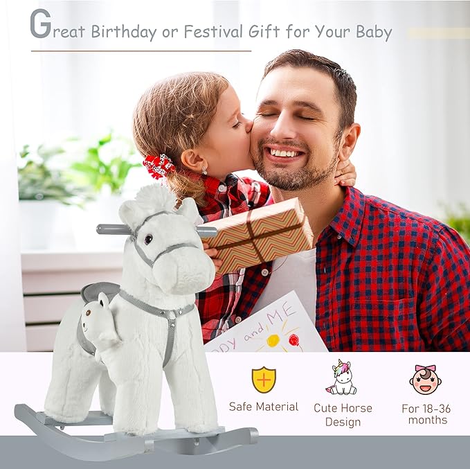 Qaba Kids Plush Ride-On Rocking Horse with Bear Toy, Children Chair with Soft Plush Toy & Fun Realistic Sounds, White