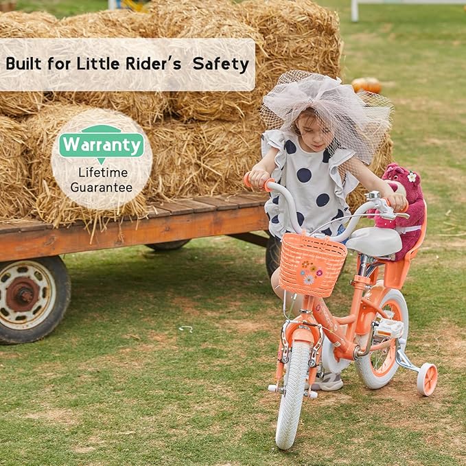 Glerc Maggie Girls Bike, 12-20 Inch Kids Bike for 2-13 Years Old Children, Princess Style Kids Bicycle with Doll-Seat & Basket & Training Wheels, Multiple Colors