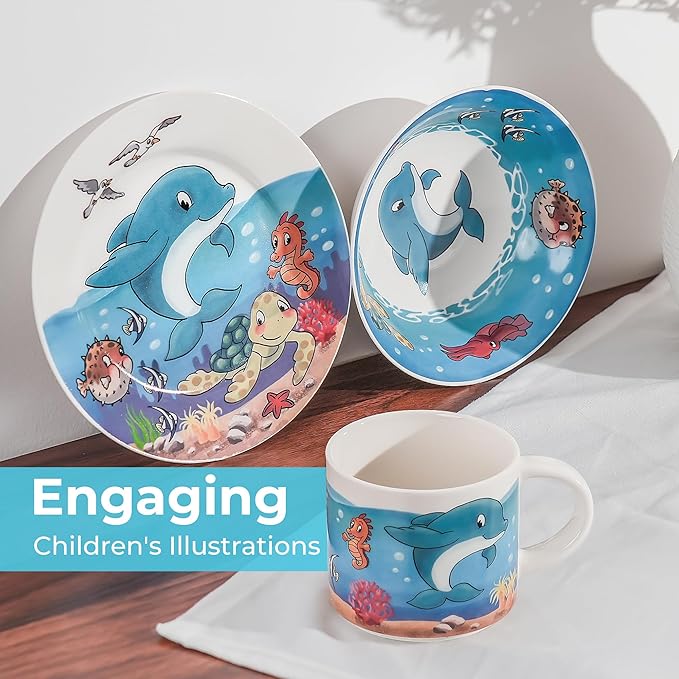 MIAMIO – Set of 3 Kids Dinnerware Set/Porcelain Children Dishes, Kids Dish Set, Children’s Tableware Set - Includes Plate, Bowl and Cup – For Kids and Toddler (Ocean)