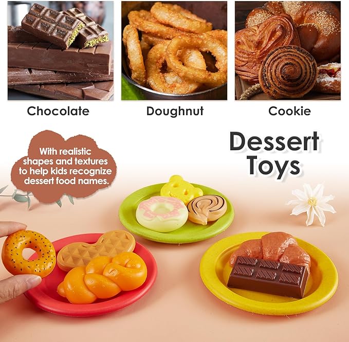 Buyger Play Kitchen Accessories, Play Dishes Plates and Utensils Tea Party Set Food Dessert Toys Gifts for Ages 3 4 5+ Years Old Kids Toddler Children