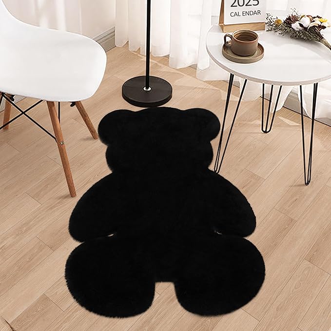 3x3.9ft Black Small Bear Shaggy Rug, Soft Fluffy Faux Sheepskin Fur Rug Fuzzy Shag Area Rug Cute Plush Carpet for Nursery Kids Girls Bedroom Room Aesthetic Living Room Floor Home Decor, Black