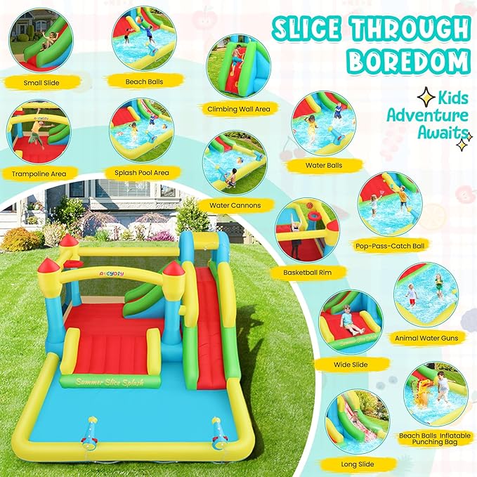 AKEYDIY Bounce House Water Slide, Inflatable Water Slide Park with with Long Slide, Pool, Climbing Wall, Water Gun for Outdoor, Blow up Water Slides Bounce House Castle for Kids Backyard(No Blower)