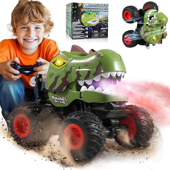 BEZGAR Monster Truck Toys - Remote Control Monster Truck with Spray, Light, Music, Dinosaur Toys for Kids, 1:20 Scale RC Truck with 360° Spins and Drifting, Remote Control Car for Boys 4-7 Camo Green