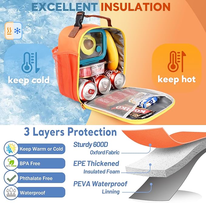 Lunch Box Reusable Lunch Bag for Men Women Kids Adults,Insulated Lunch Bag Waterproof Lunch Box Cooler,Small LunchBox With Side Pockets for Work Office School Travel Picnic-Orange