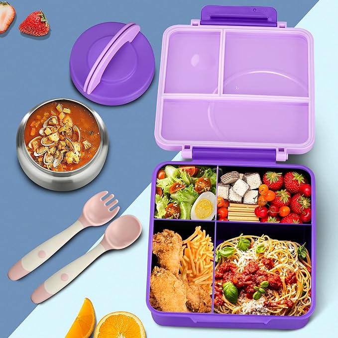 Itslife Bento Lunch Box for Kids with 8oz Soup Thermo&Lunch Bag, Leak-Proof Lunch Food Containers with 4 Compartment, Hot Food Insulated Food Jar for Kids School (Purple)