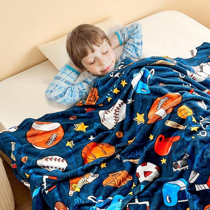 Wajade Sports Blanket for Boys,Soft Fleece 3D Soccer Basketball Baseball Football Kids Blanket for Couch Sofa Bedroom, Fuzzy Ball Throws for Kids Boys Teens,50"x60"