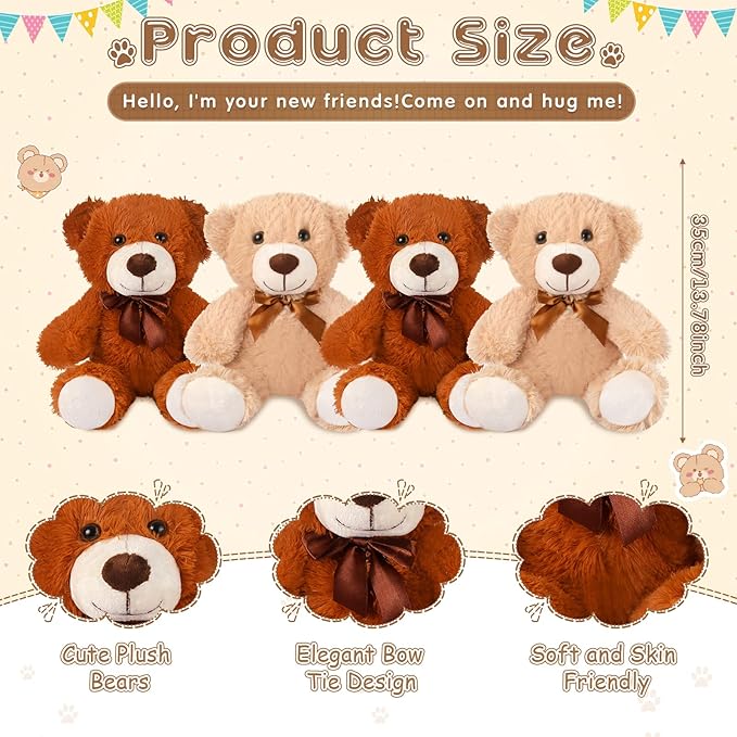 Zhanmai 12 Pcs 14 Inch Bear Stuffed Animal Bulk Operation 2025 Graduation Gifts Bulk Plush Stuffed Bear for Bridal Anniversary Shower Gifts(Light Brown, Dark Brown)