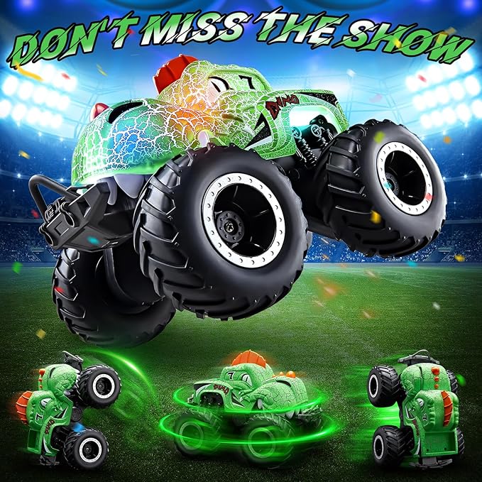 Monster Truck Toys, 1:20 Waterproof Dinosaur Monster Trucks for Boys Age 4-7, 2.4GHz All Terrain RC Cars with 2 Batteries, 360° Rotating Stunt RC Car Toy Birthday Gift for Kids 3-5