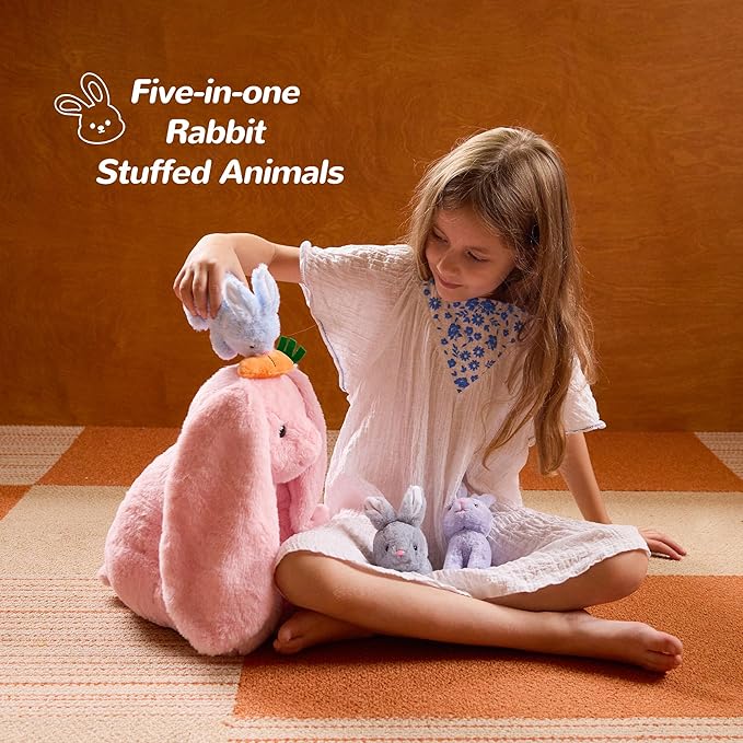 5 Pieces Rabbit Stuffed Animals for Girls,1 Mommy Rabbit with 4 Babies,Plush Bunny Stuffed Toy Gifts for Kids Children 3 4 5 6 7 8 9 Years,Soft Stuffed Bunny for Christmas,Birthday,Party Decorations