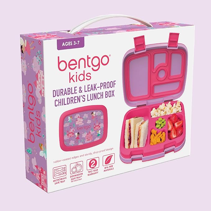 Bentgo Kids Prints Leak-Proof, 5-Compartment Bento-Style Kids Lunch Box - Ideal Portion Sizes for Ages 3-7, Durable, Drop-Proof, Dishwasher Safe, & PFAS & BPA-Free Materials (Fairies)