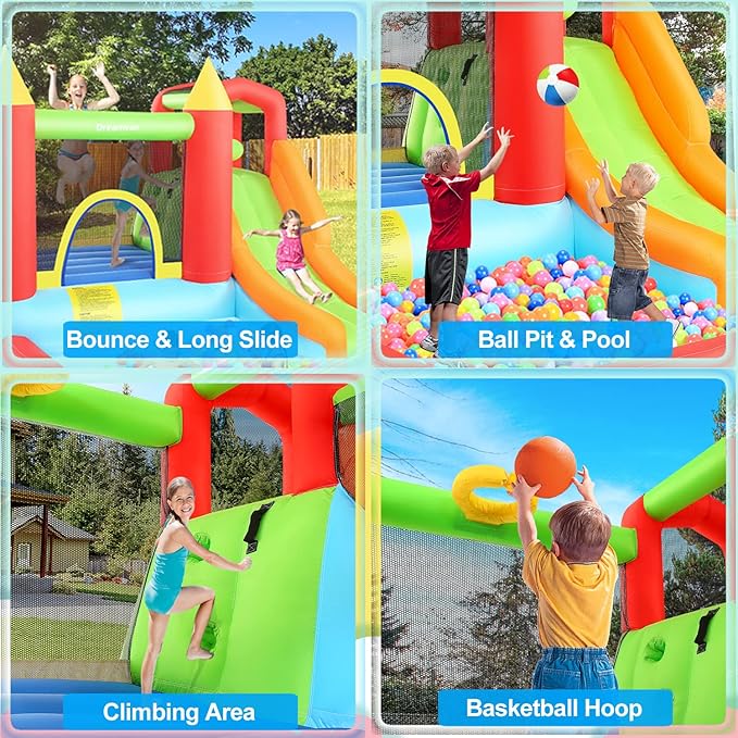 Inflatable Bounce House, Kids Bouncy House Slide with Blower, Long Slide, Fun Pool/Ball Pit, Climbing Wall, Basketball Rim, Outdoor Backyard Jumping Castle Bounce House for Kids 3-10 Years