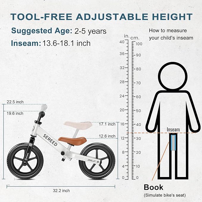 SEREED Toddler Balance Bike 2 Year Old, No Pedal Kids Toy Bike for 2-5 Years Old, Tool-Free Adjustment, Gift for 2-3 Boys Girls, Customize Plate with 3pcs Stickers (White)