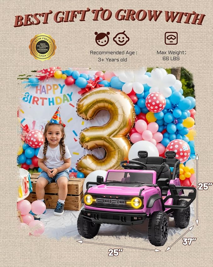 12V Electric Ride on Toys for Toddler, Ford Bronco Raptor Kids Ride on Car with Remote Control, 12 Volt Battery Powered Cars for Children with Smooth Start, Bluetooth (12V, Pink)