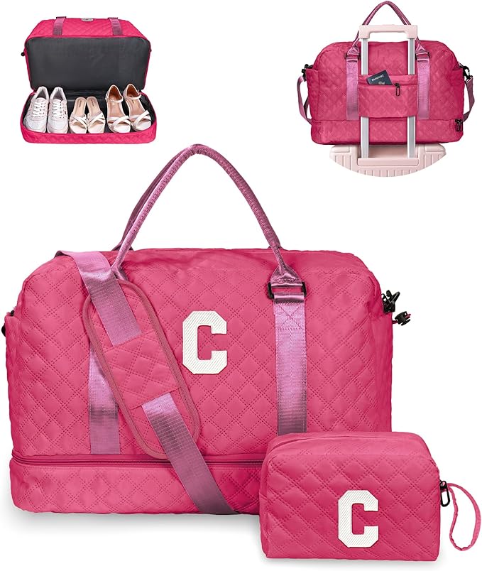 Monogrammed Gifts for Woman, Initial Travel Bag with Shoe Compartment, Weekender Bag, Letter Travel Bag with Makeup Bag (Letter C)
