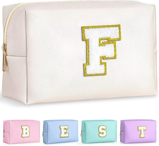 TOPEAST Preppy Makeup Bag, Small Cosmetic Travel Bags for Women, PU Leather Waterproof Toiletry Bag with Zipper, Personalized Birthday Gift for Women Girl, Preppy Gifts for Girl (White F)