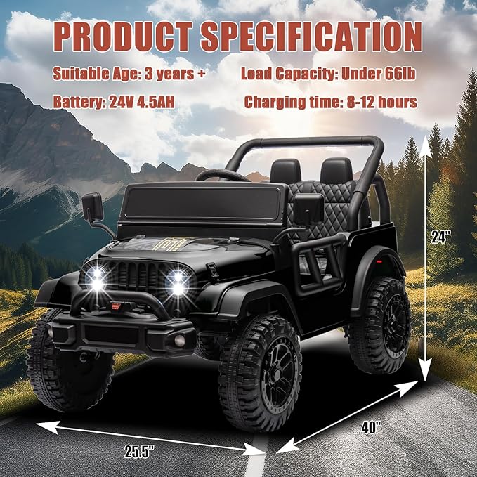 POSTACK 24 Volt Ride on Car with Parental Remote Control, 4x4 Battery Powered Electric Vehicle, 4WD Ride on UTV Toy for Kids to Drive w/Music, Bluetooth, Power 4 Wheels for Toddler Ages 3+, Black