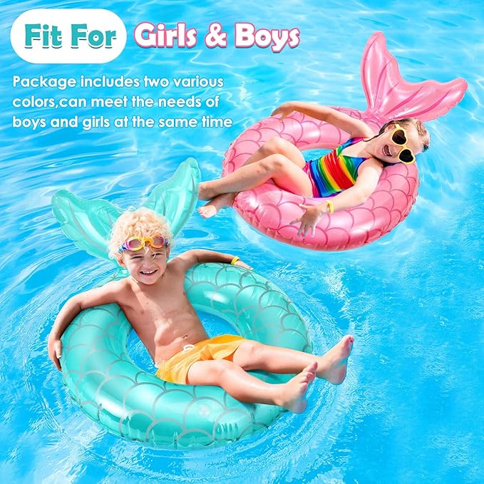 HeySplash Pool Floats Kids, Inflatable Swimming Ring Mermaid Tail Shaped Swim Tube Floaties, Summer Water Fun Beach Party Swimming Pool Toys for Kids Children Water Activities, Rose Gold + Blue