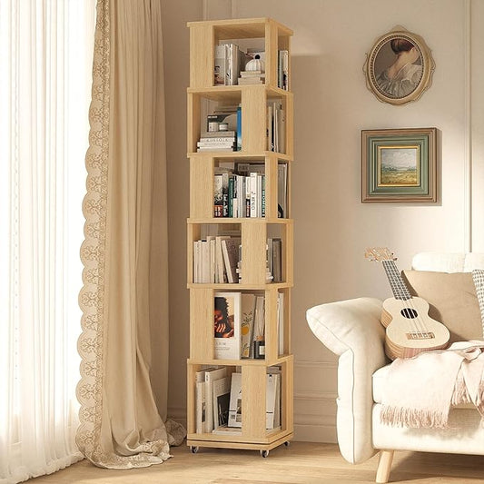 6 Tier Solid Wood Rotating Bookshelf Tower on Wheels, 360° Upgrade Spinning Book Shelf, Revolving Bookcase Organizer, Swivel Bookshelves for Small Spaces, Corner, Bedroom, Kids Room, Office (Natural)