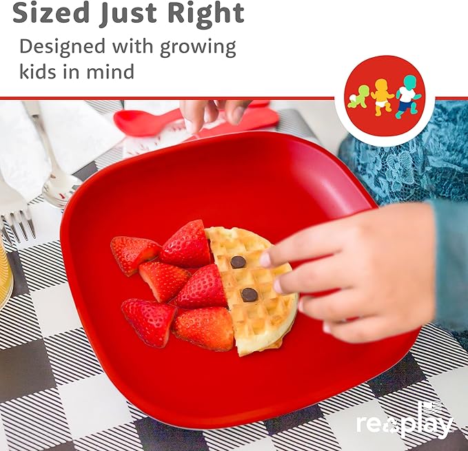 Re-Play Toddler Plates - 22 Oz. Deep-Walled Flat Kids Plates - Dishwasher & Microwave Safe - Made in USA - Set of 4-7.37" x 7.37" x 1.25" - Preschool