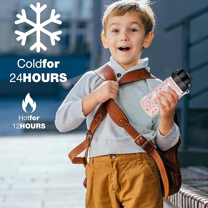 GOPPUS Kids Water Bottle (Straw Lid) - 14 Oz Stainless Steel Travel Bottle, Double Wall Vacuum Leak Proof Kids Cup for School Boys Girls,Unicorn Fields